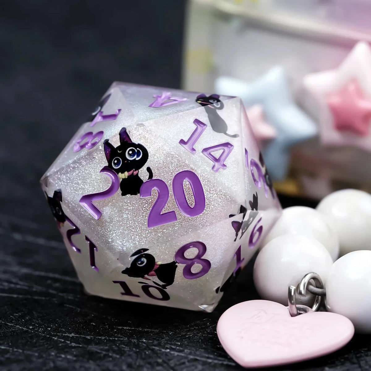 Black Cat Resin D20 Dice – Giant 35mm – Giant D20 Dice (Purple Numbers) Black Cat Resin 35mm RPG Dice