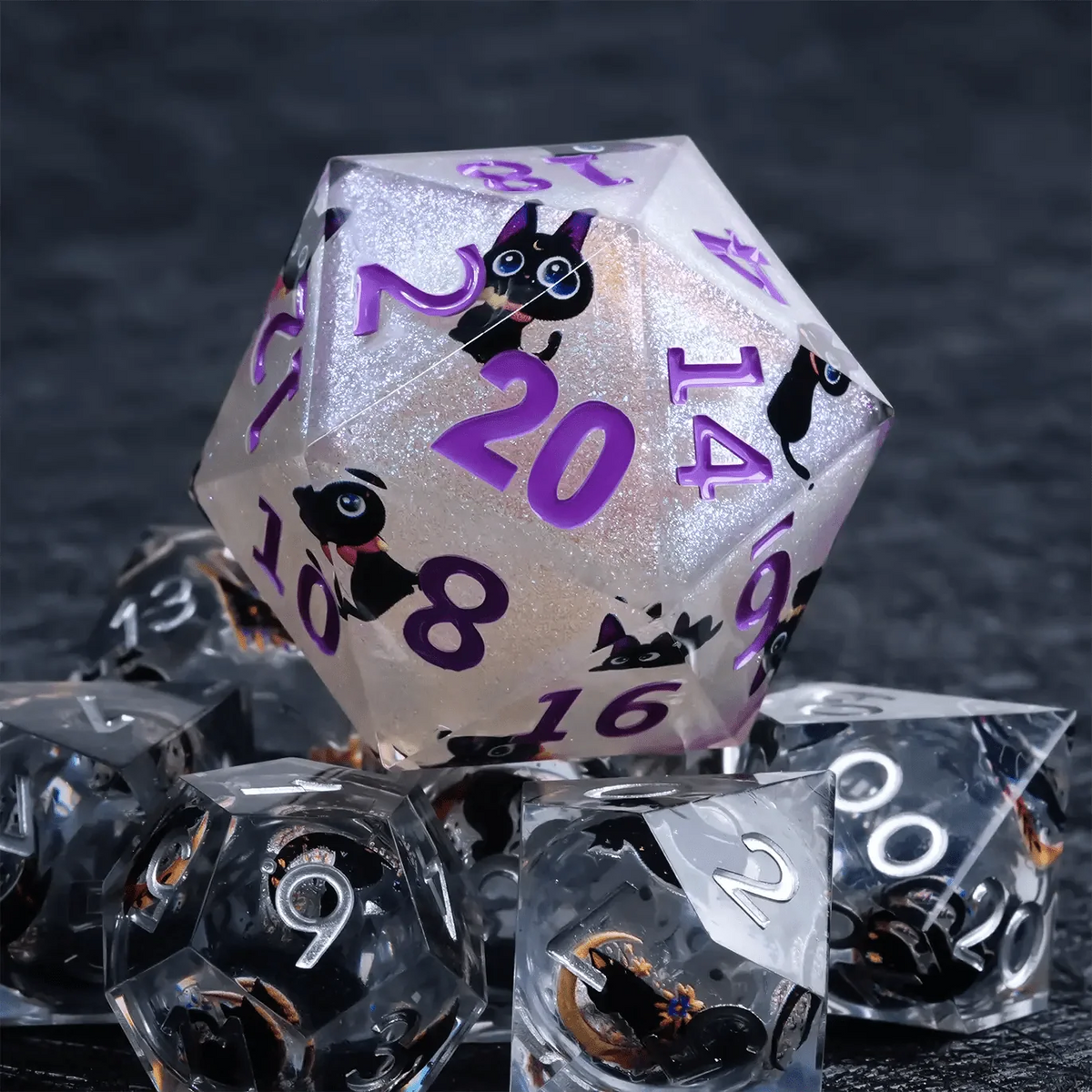 Black Cat Resin D20 Dice – Giant 35mm – Giant D20 Dice (Purple Numbers) Black Cat Resin 35mm RPG Dice