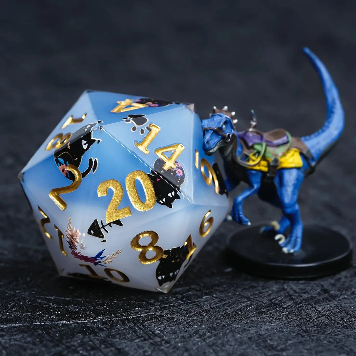 Black Cat Resin D20 Dice – Lettering 35mm – Giant D20 Dice (Black Cat Gold Lettering) 35mm Resin RPG Monster Dice