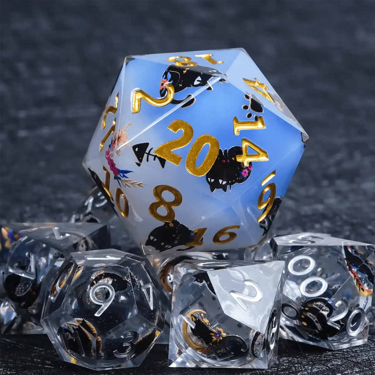 Black Cat Resin D20 Dice – Lettering 35mm – Giant D20 Dice (Black Cat Gold Lettering) 35mm Resin RPG Monster Dice