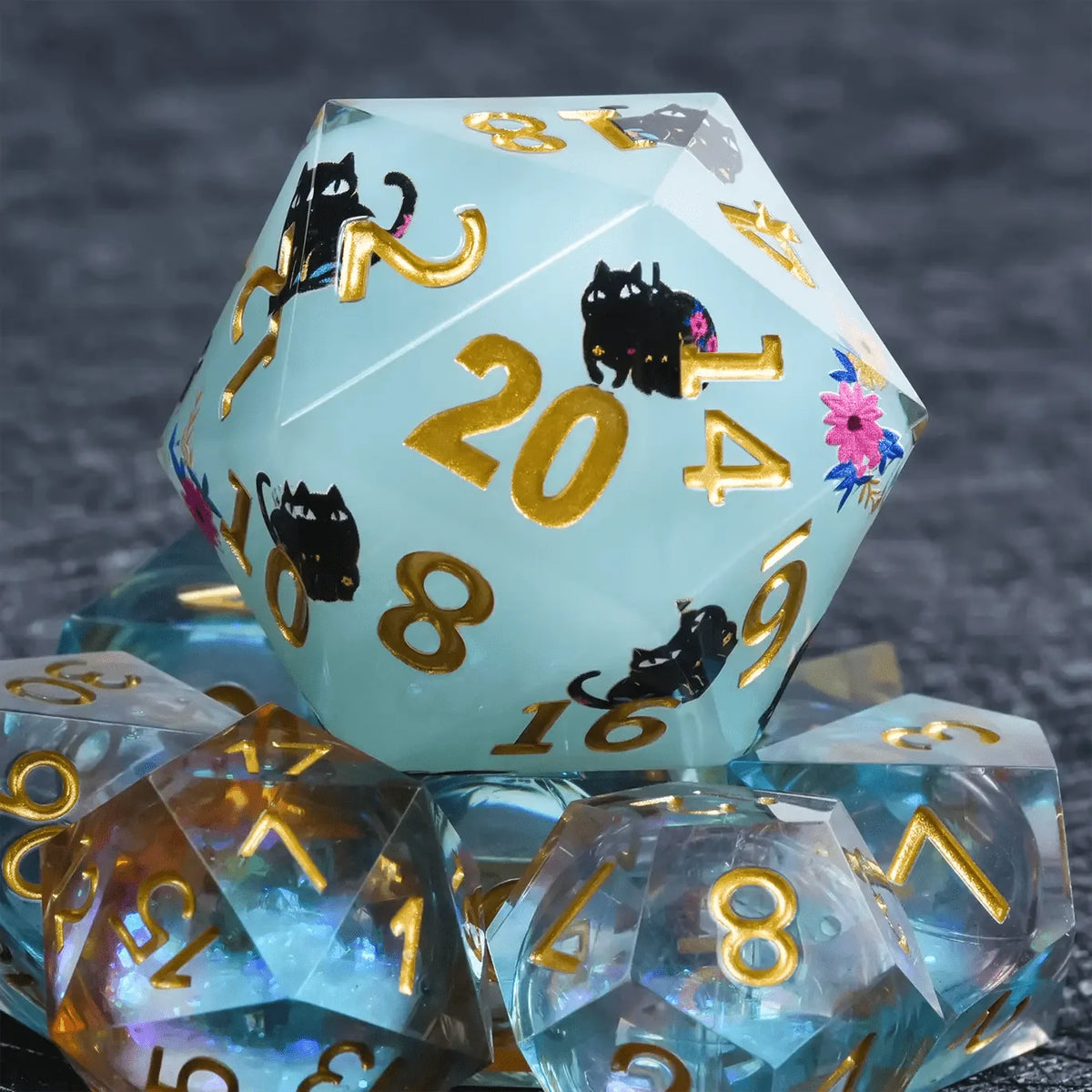 Black Cat Resin D20 Dice – Lettering 35mm – Giant D20 Dice (Black Cat Gold Lettering) 35mm Resin RPG Monster Dice