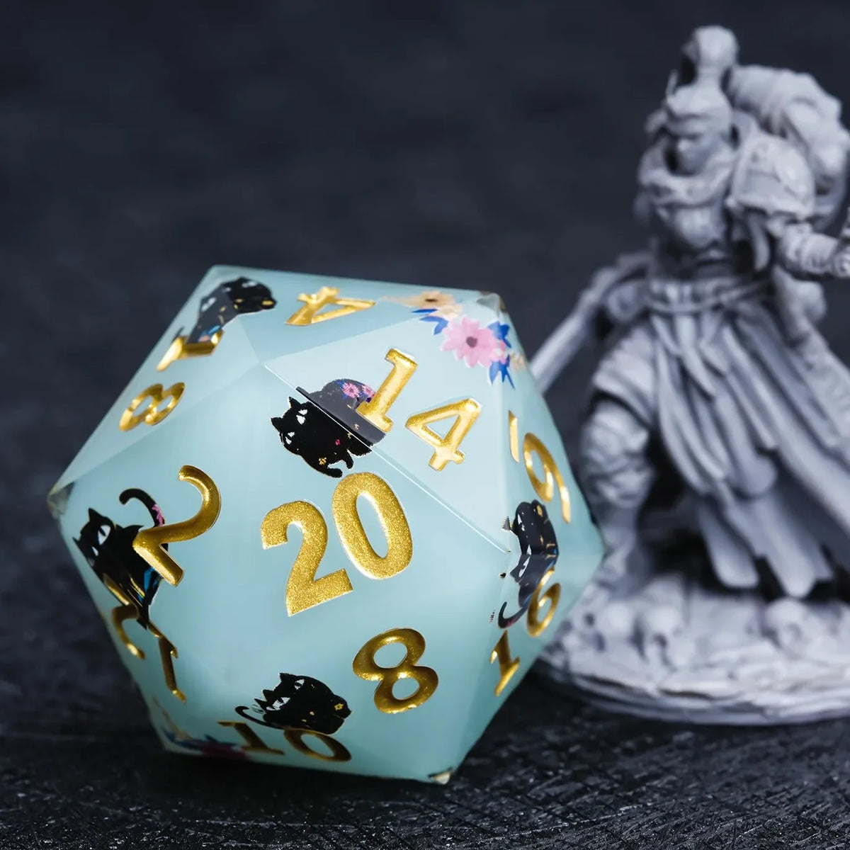 Black Cat Resin D20 Dice – Lettering 35mm – Giant D20 Dice (Black Cat Gold Lettering) 35mm Resin RPG Monster Dice