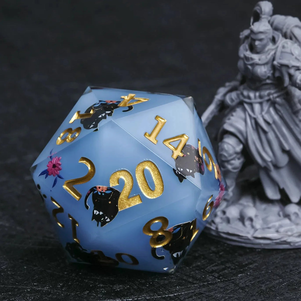 Black Cat Resin D20 Dice – Lettering 35mm – Giant D20 Dice (Black Cat Gold Lettering) 35mm Resin RPG Monster Dice