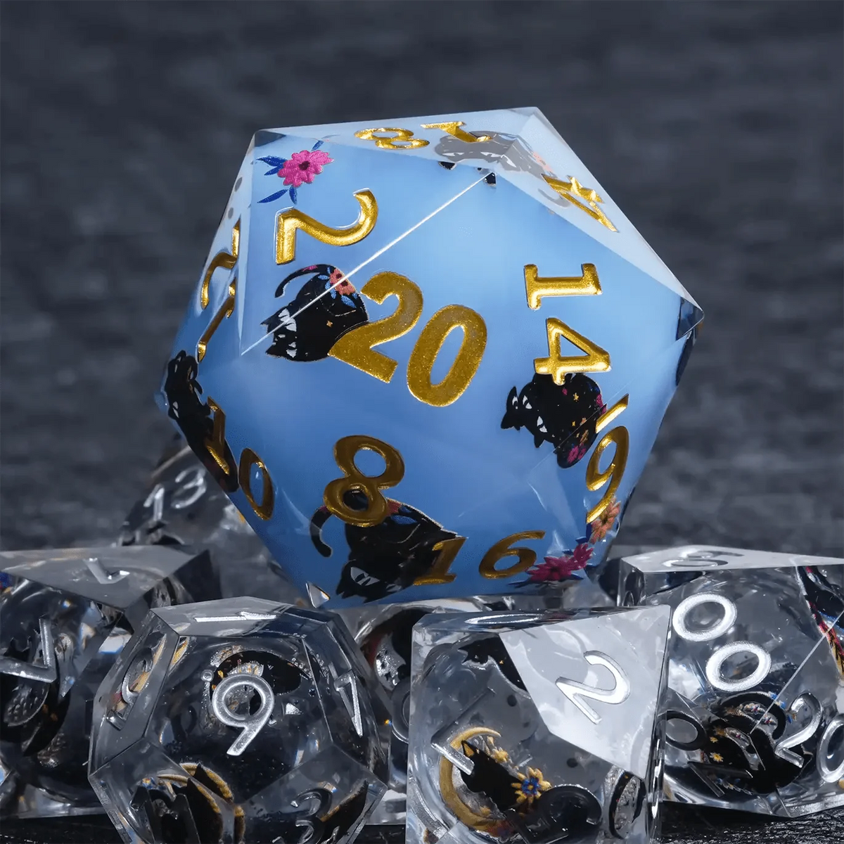 Black Cat Resin D20 Dice – Lettering 35mm – Giant D20 Dice (Black Cat Gold Lettering) 35mm Resin RPG Monster Dice