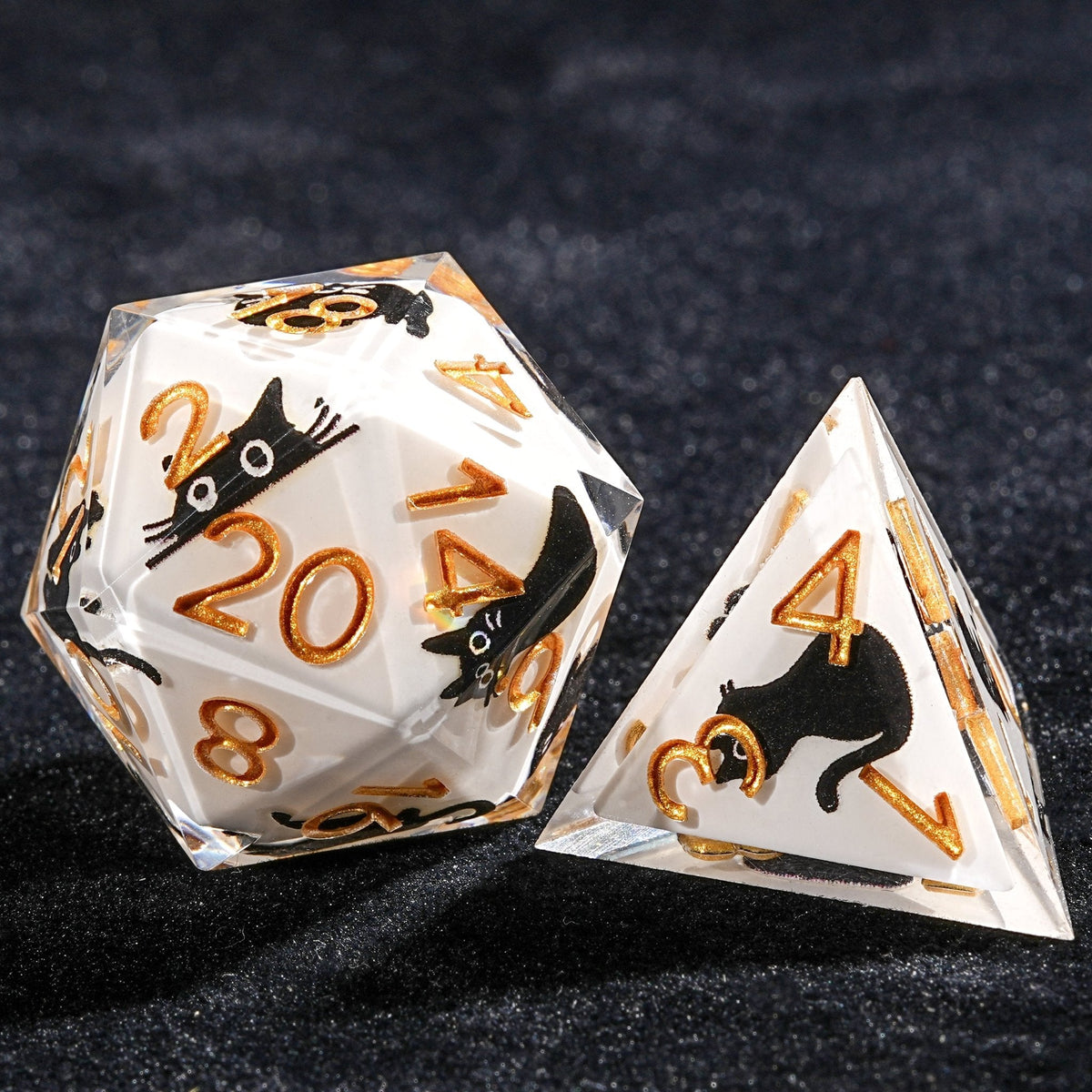 Black Cat Resin Dice Set – Unique White Resin Black Cat DND Dice Set + Gold Font
