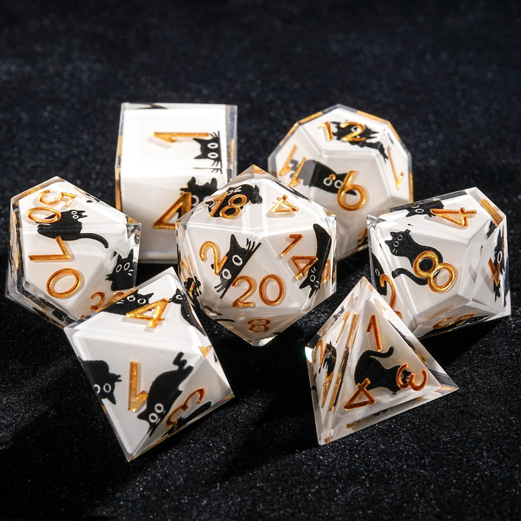 Black Cat Resin Dice Set – Unique White Resin Black Cat DND Dice Set + Gold Font