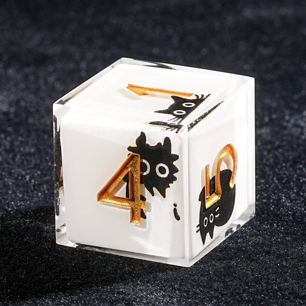 Black Cat Resin Dice Set – Unique White Resin Black Cat DND Dice Set + Gold Font