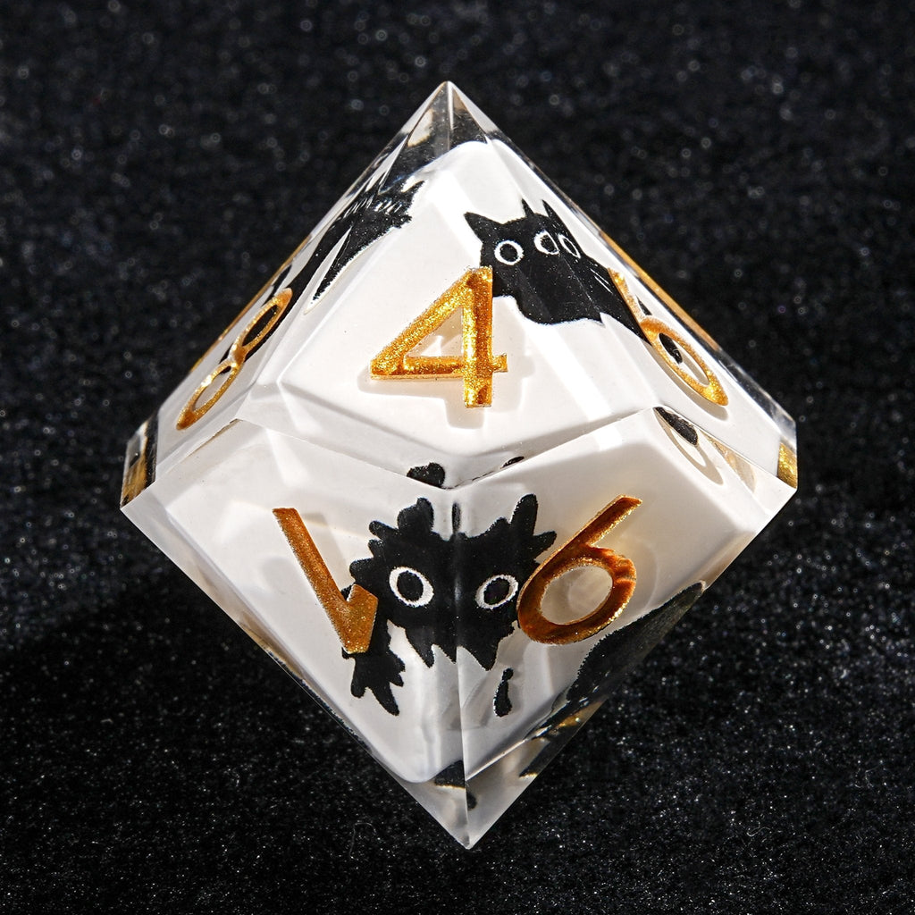 Black Cat Resin Dice Set – Unique White Resin Black Cat DND Dice Set + Gold Font