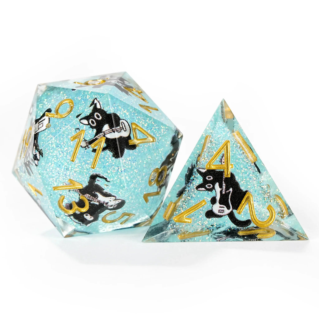 Black Cat Resin DND Dice Set – Glitter – Light blue glitter resin musical black cat DND D20 and D4 dice, featuring a
