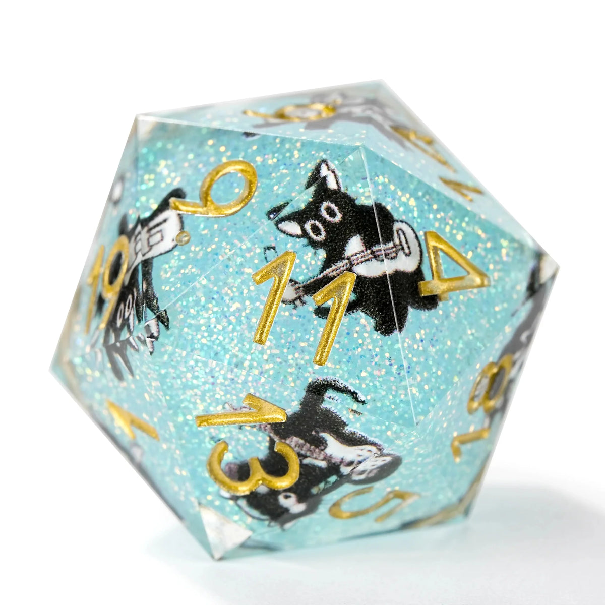 Black Cat Resin DND Dice Set – Glitter – Light Blue Glitter Resin Musical Black Cat DND D20 Dice, featuring a printed
