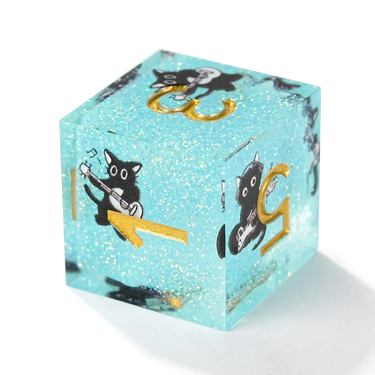 Black Cat Resin DND Dice Set – Glitter – Light Blue Glitter Resin Musical Black Cat DND D6 Dice, featuring a printed