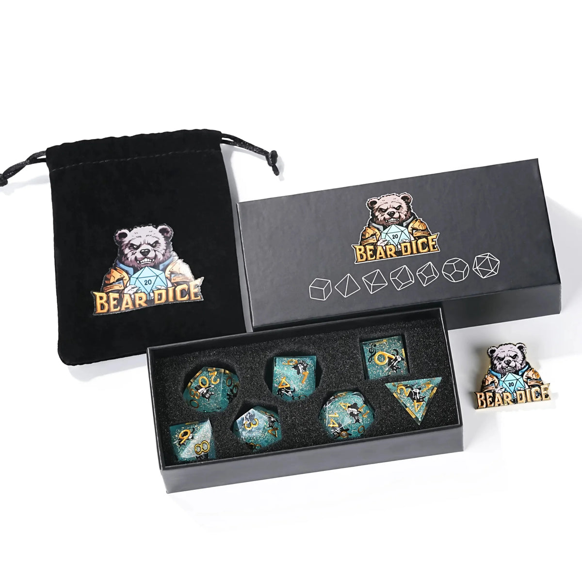 Black Cat Resin DND Dice Set – Glitter – This light blue glitter resin musical black cat DND dice set features a