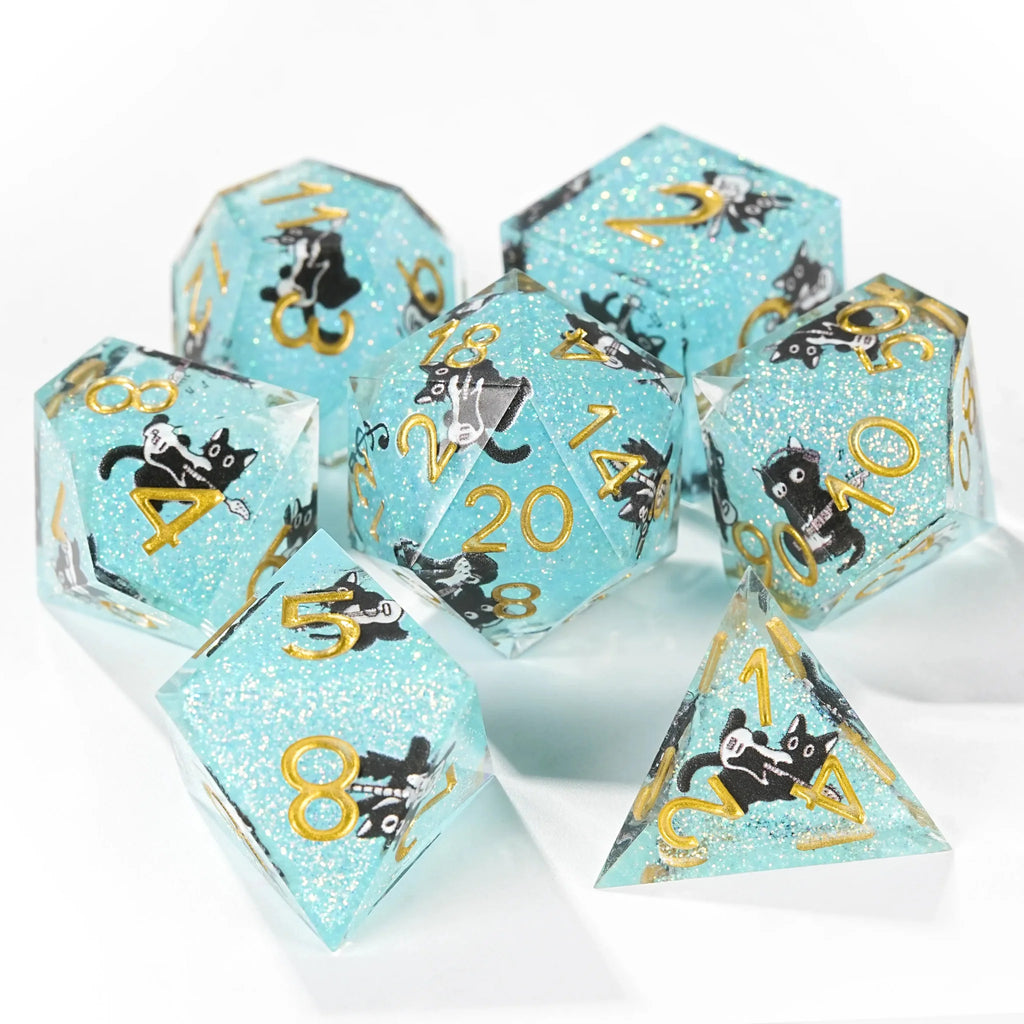 Black Cat Resin DND Dice Set – Glitter – Light Blue Glitter Resin Musical Black Cat DND Dice Set with Gold Numbers