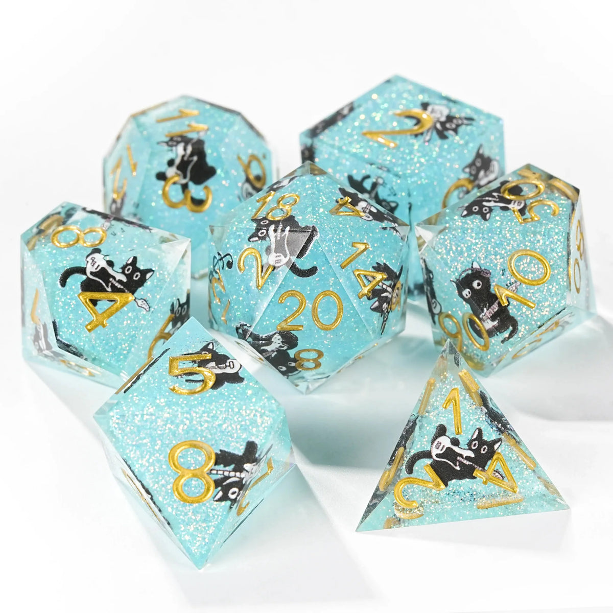 Black Cat Resin DND Dice Set – Glitter – Light Blue Glitter Resin Musical Black Cat DND Dice Set with Gold Numbers