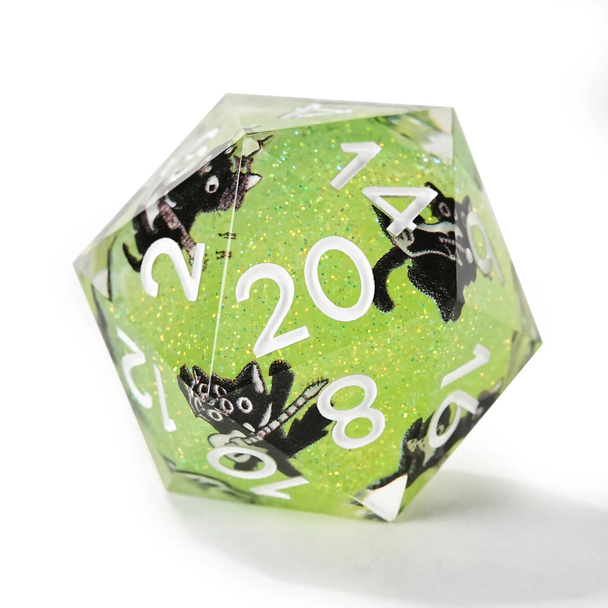 Black Cat Resin DND Dice Set – Glitter – Turquoise Glitter Resin Musical Black Cat DND D20 Dice, featuring a printed