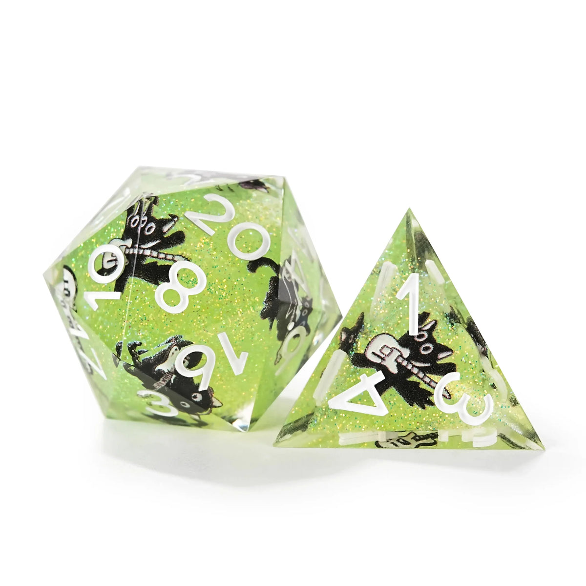 Black Cat Resin DND Dice Set – Glitter – Turquoise Glitter Resin Musical Black Cat DND D20 and D4 dice, printed with a