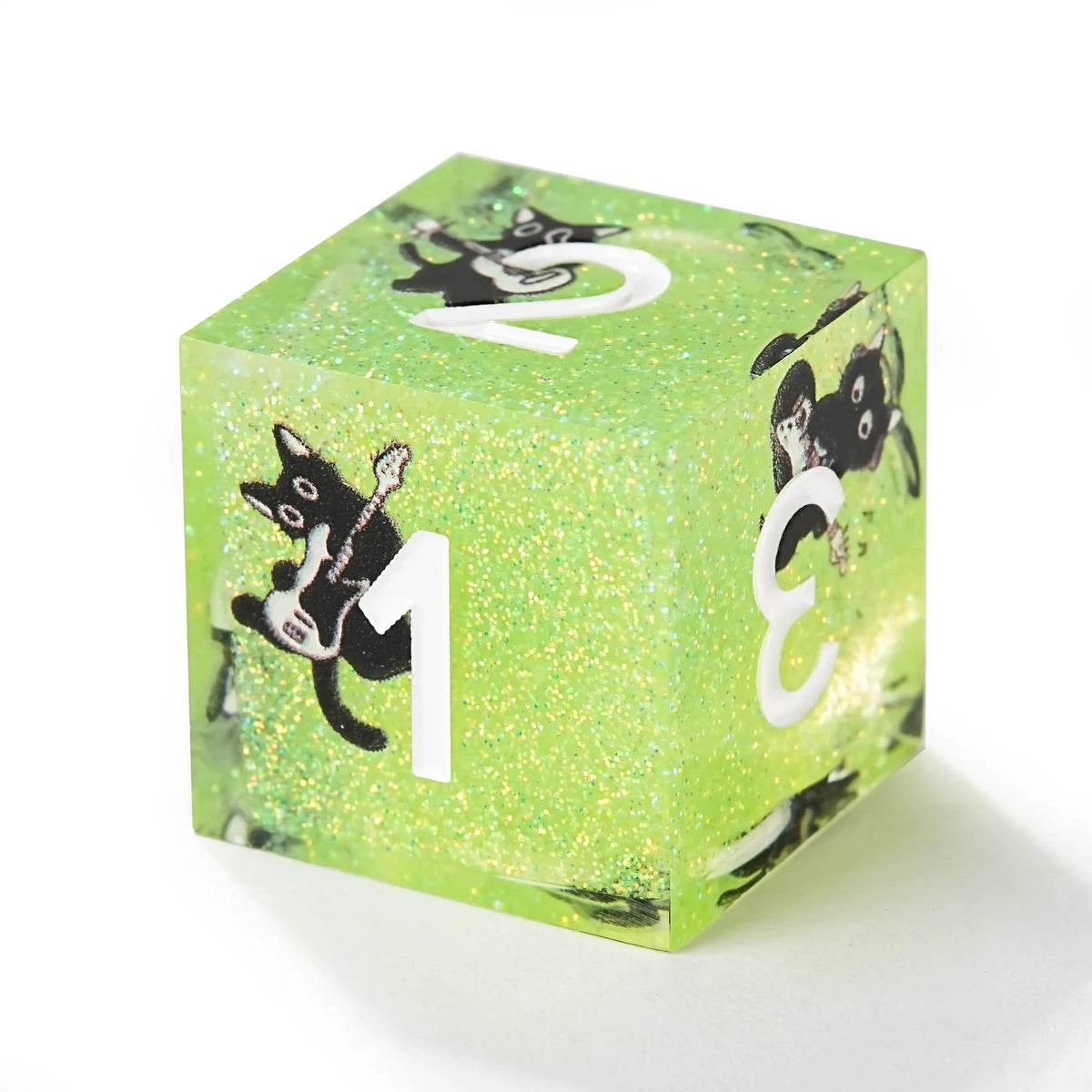 Black Cat Resin DND Dice Set – Glitter – Turquoise Glitter Resin Musical Black Cat DND D6 Dice, featuring a printed