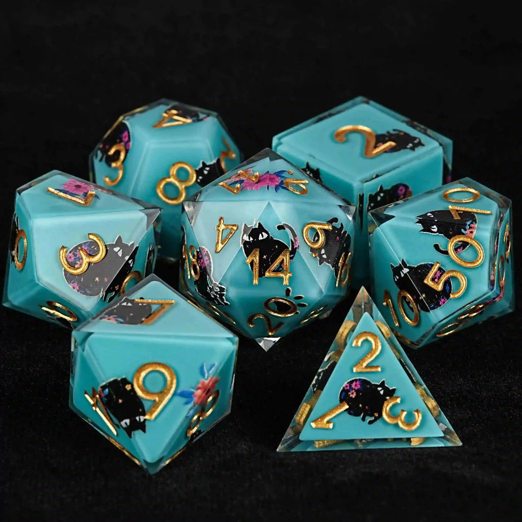 Black Cat Resin DND Dice Set – Gold Numbers – Flower Background – Handmade black cat flower blue resin sharp edge dnd