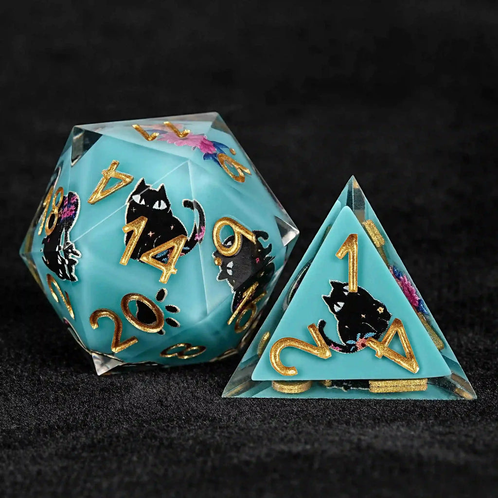 Black Cat Resin DND Dice Set – Gold Numbers – Flower Background – Handmade black cat flower blue resin D20 and D4 dice