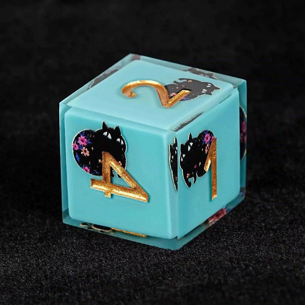 Black Cat Resin DND Dice Set – Gold Numbers – Flower Background – Handmade black cat flower blue resin D6 dice with