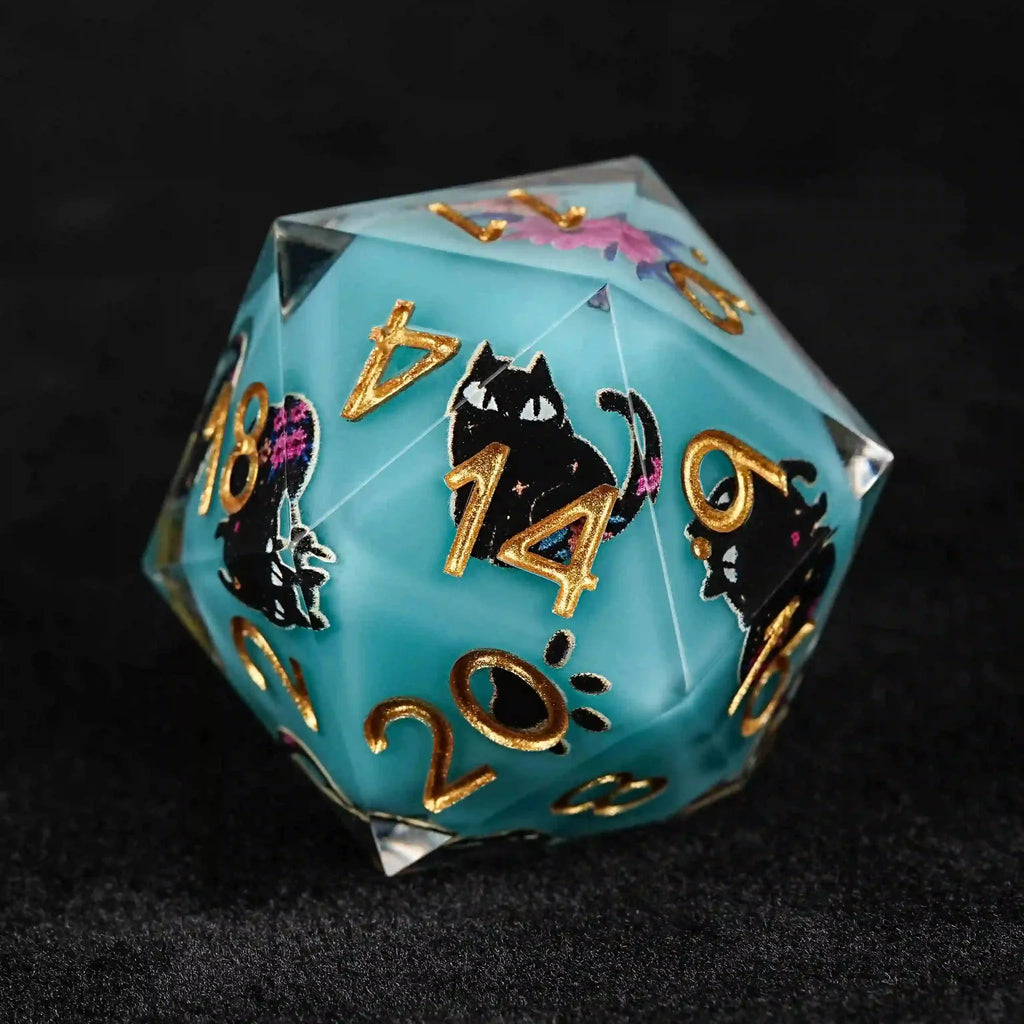 Black Cat Resin DND Dice Set – Gold Numbers – Flower Background – Handmade black cat flower blue resin D20 dice with