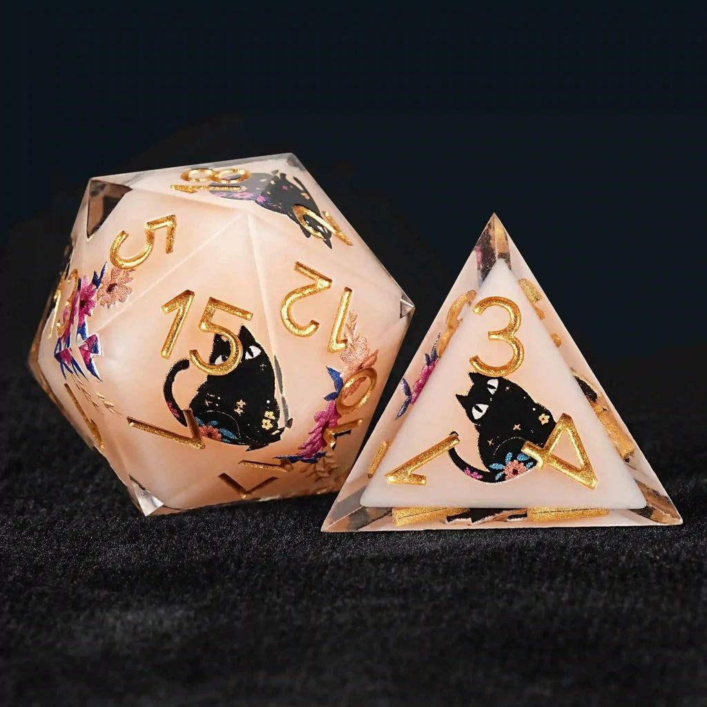 Black Cat Resin DND Dice Set – Gold Numbers – Flower Background – Handcrafted orange resin D20 and D4 dice with black