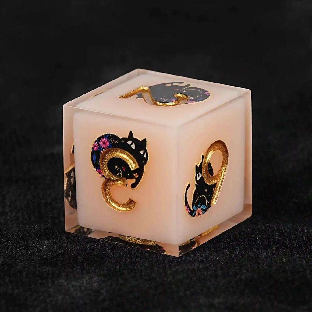 Black Cat Resin DND Dice Set – Gold Numbers – Flower Background – Handmade orange resin D6 dice with black cat flowers