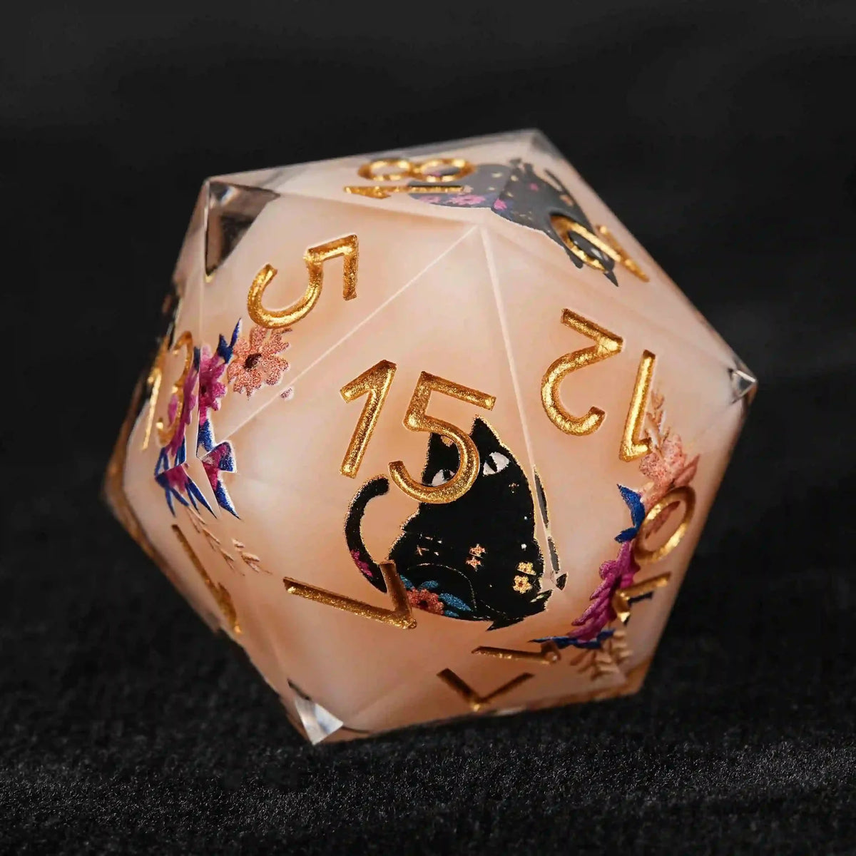 Black Cat Resin DND Dice Set – Gold Numbers – Flower Background – Handmade orange resin D20 dice with black cat flowers
