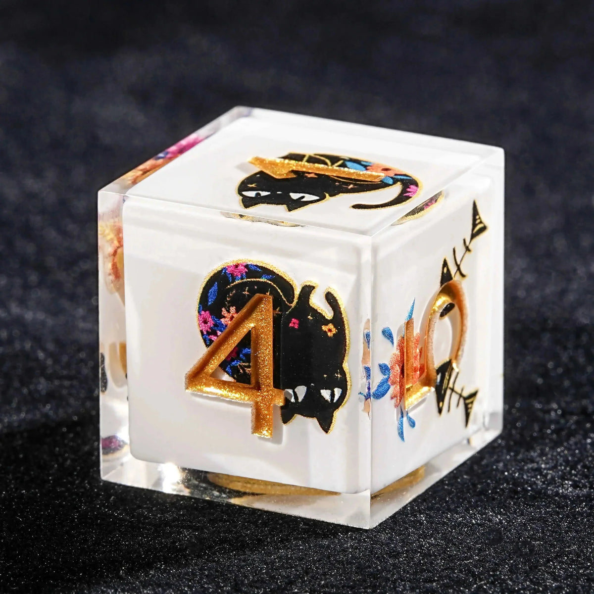 Black Cat Resin DND Dice Set – Gold Numbers – Flower Background – Handmade black cat flower white resin D6 dice with