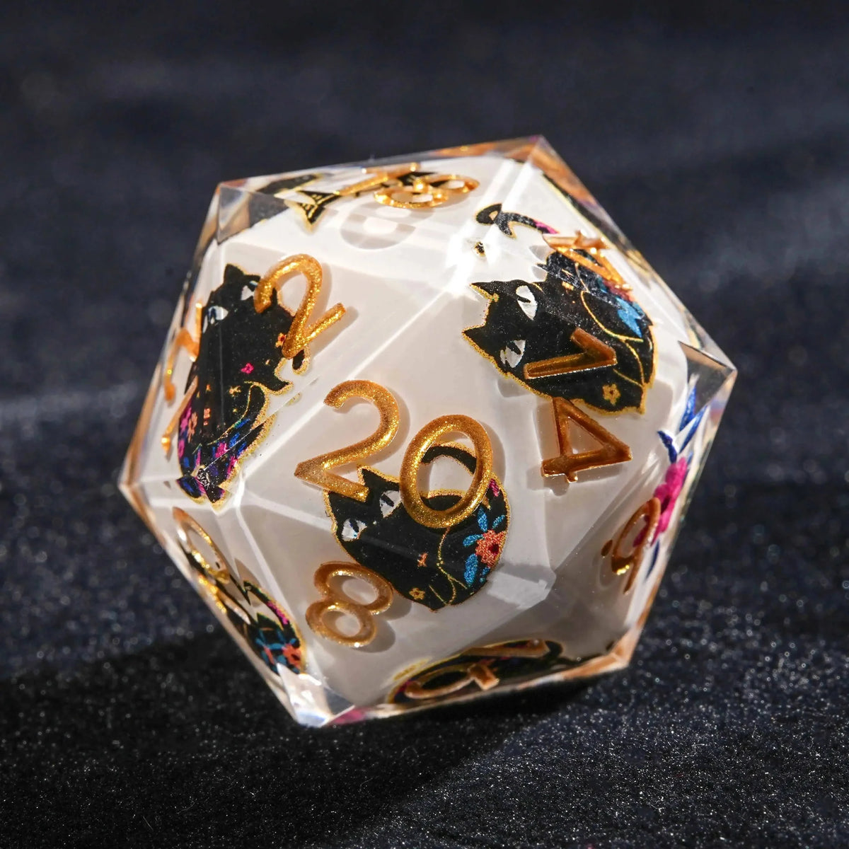 Black Cat Resin DND Dice Set – Gold Numbers – Flower Background – Handmade black cat flower white resin D20 dice with