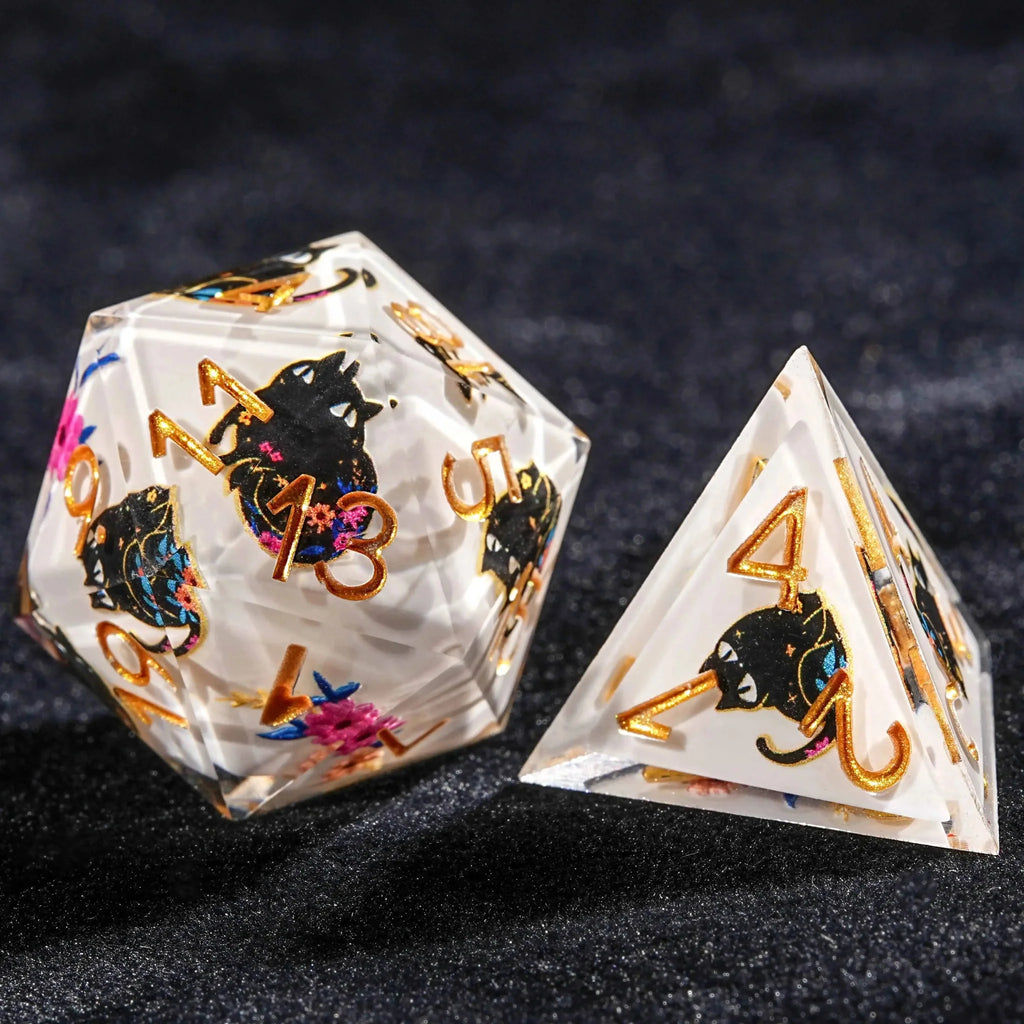 Black Cat Resin DND Dice Set – Gold Numbers – Flower Background – Handmade black cat flower white resin D20 and D4 dice
