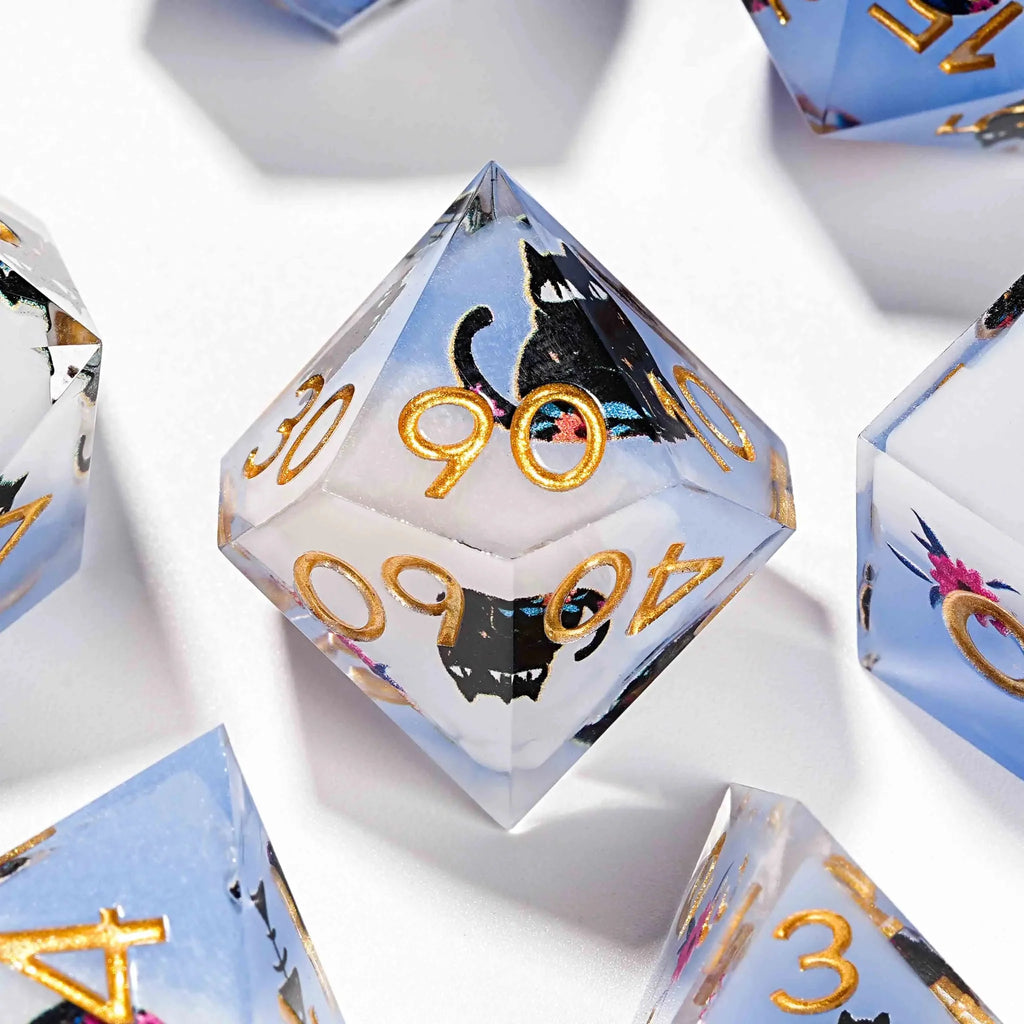 Black Cat Resin DND Dice Set – Gold Numbers – Flower Background – Handmade black cat flower blue and white resin D%