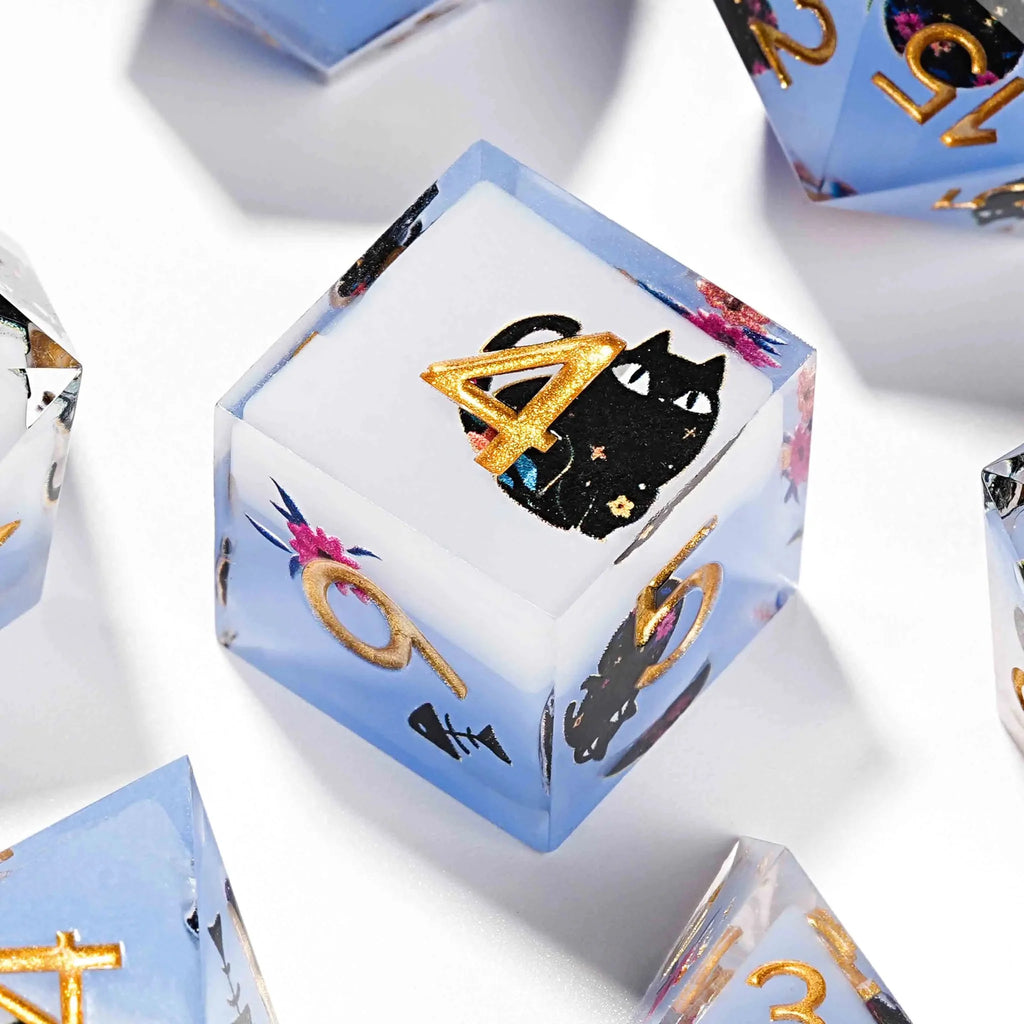 Black Cat Resin DND Dice Set – Gold Numbers – Flower Background – Handmade black cat flower blue and white resin D6