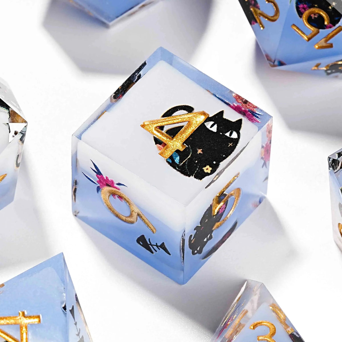 Black Cat Resin DND Dice Set – Gold Numbers – Flower Background – Handmade black cat flower blue and white resin D6