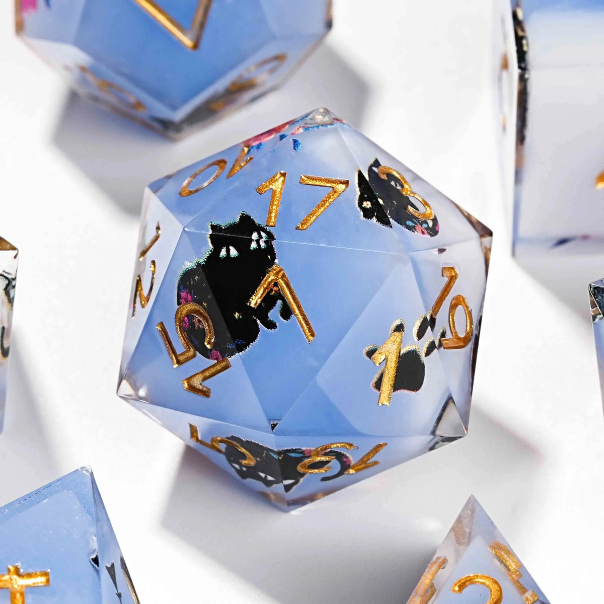 Black Cat Resin DND Dice Set – Gold Numbers – Flower Background – Handmade black cat flower blue and white resin D20