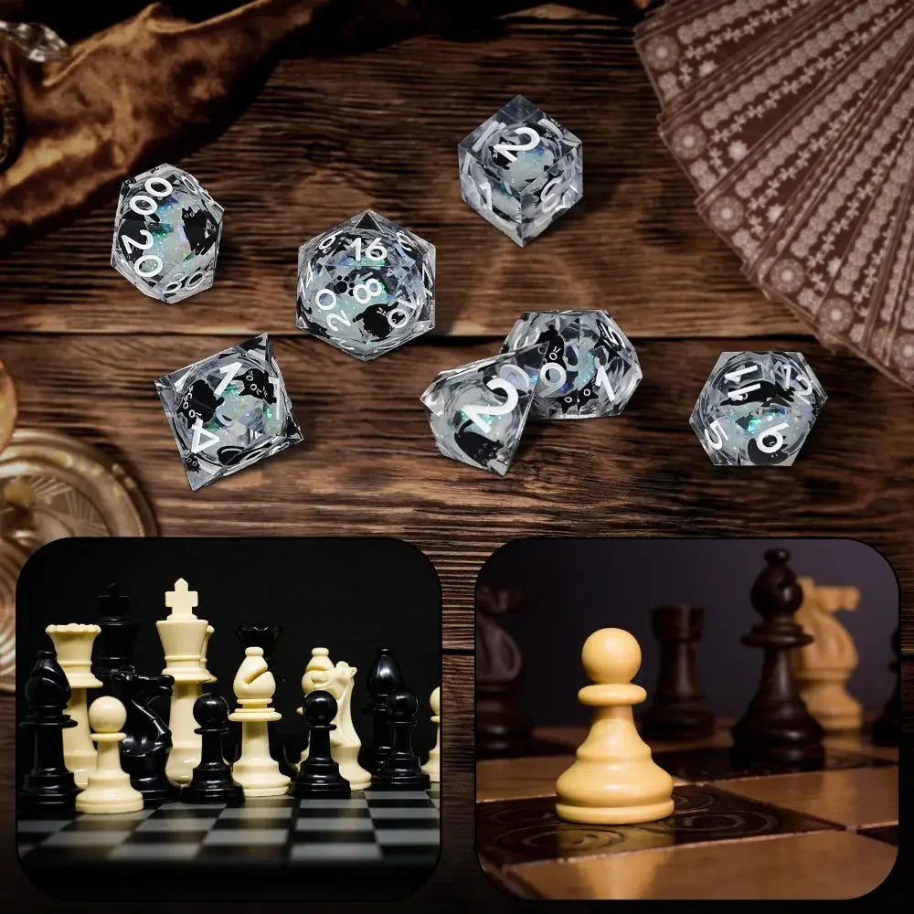 Black Cat Resin DND Dice Set – Gold Numbers – Paradise Themed – Cool dice sets: 7 gold font polyhedron dnd black cat