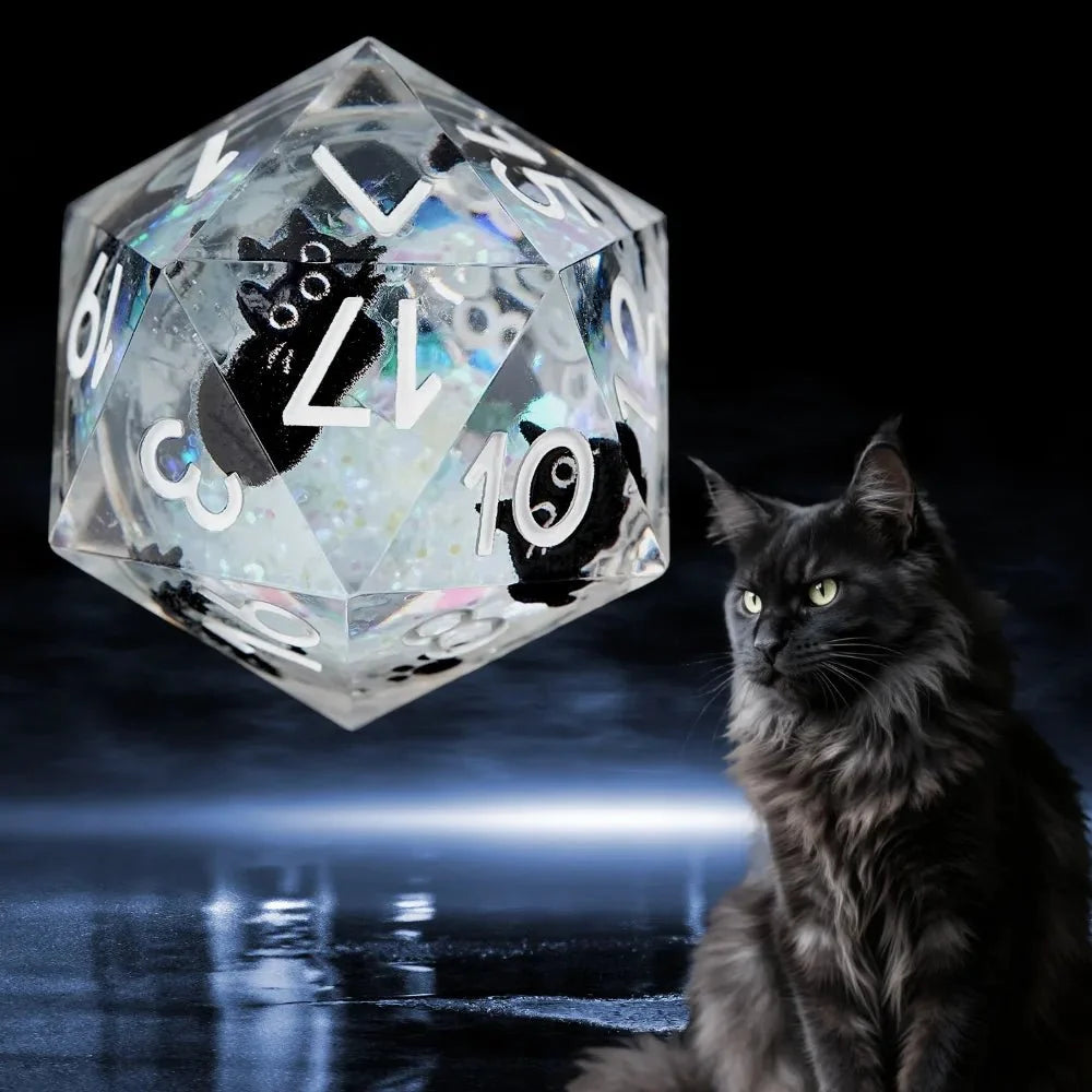 Black Cat Resin DND Dice Set – Gold Numbers – Paradise Themed – Cool dice sets: 7 gold font polyhedron dnd black cat