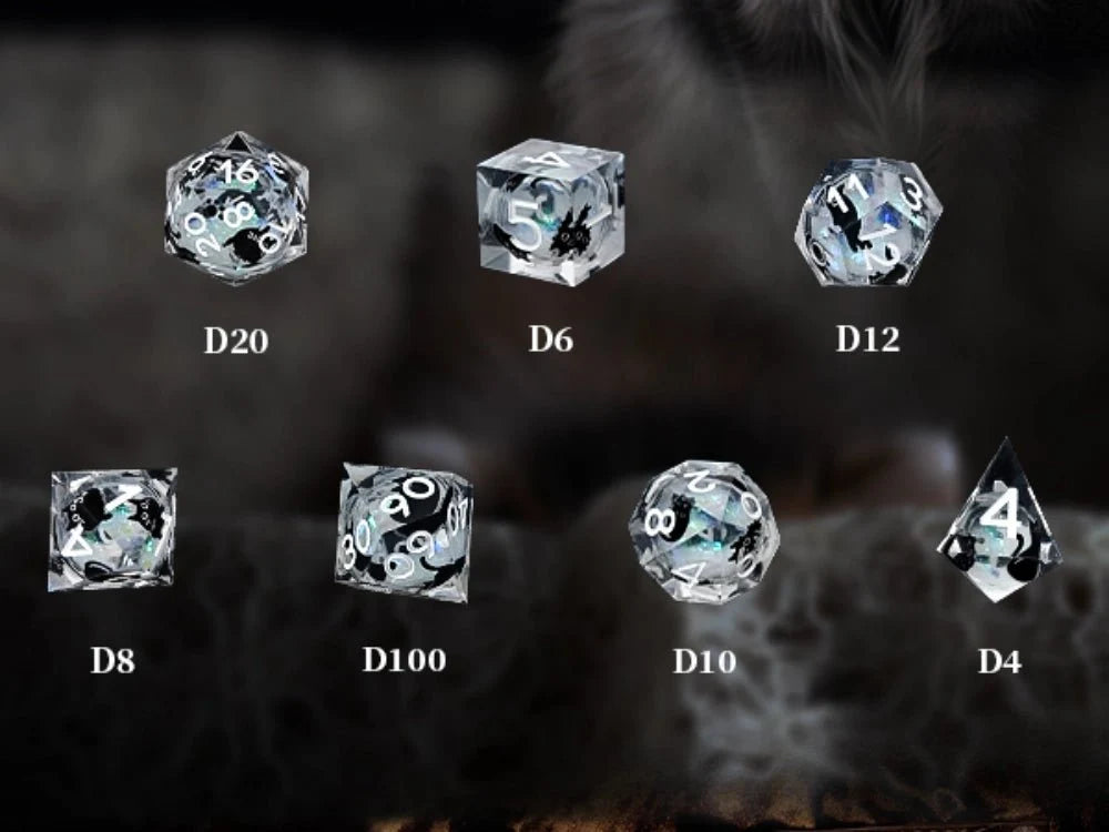 Black Cat Resin DND Dice Set – Gold Numbers – Paradise Themed – Cool dice sets: 7 gold font polyhedron dnd black cat