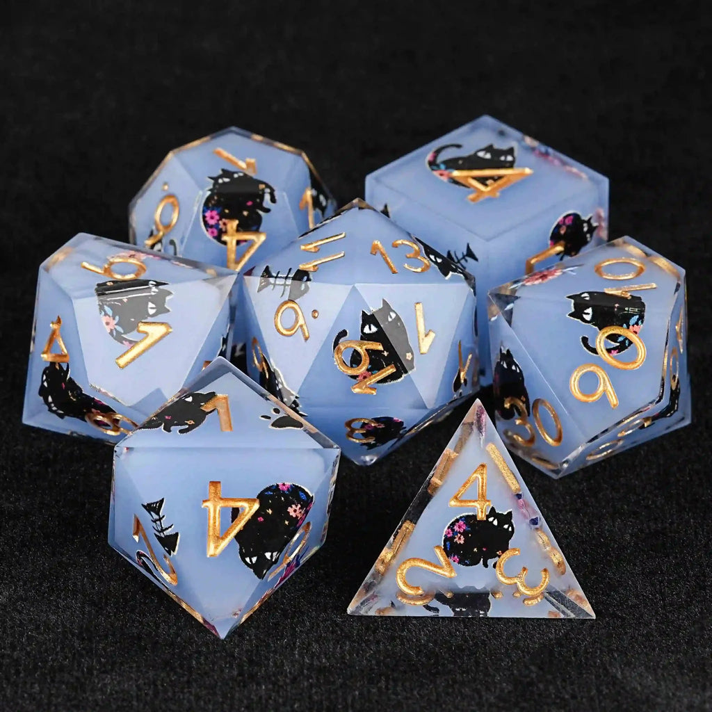 Black Cat Resin DND Dice Set – Gold Numbers – Paradise Themed – Cool dice sets: 7 gold font polyhedron dnd black cat