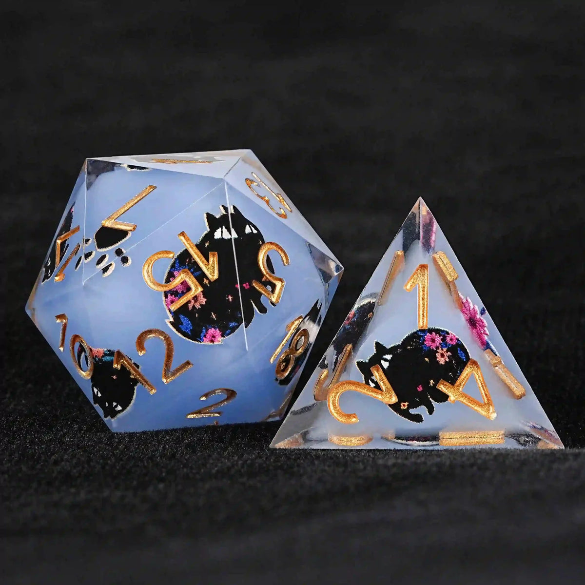 Black Cat Resin DND Dice Set – Gold Numbers – Paradise Themed – Cool dice sets: 7 gold font polyhedron dnd black cat
