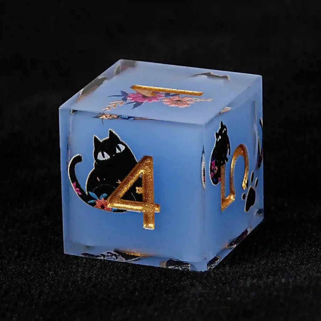 Black Cat Resin DND Dice Set – Gold Numbers – Paradise Themed – Cool dice sets: 7 gold font polyhedron dnd black cat