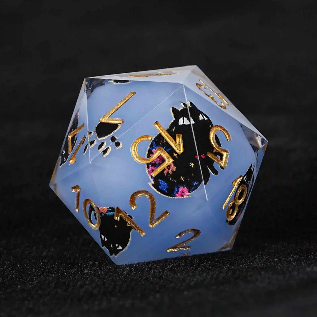 Black Cat Resin DND Dice Set – Gold Numbers – Paradise Themed – Cool dice sets: 7 gold font polyhedron dnd black cat