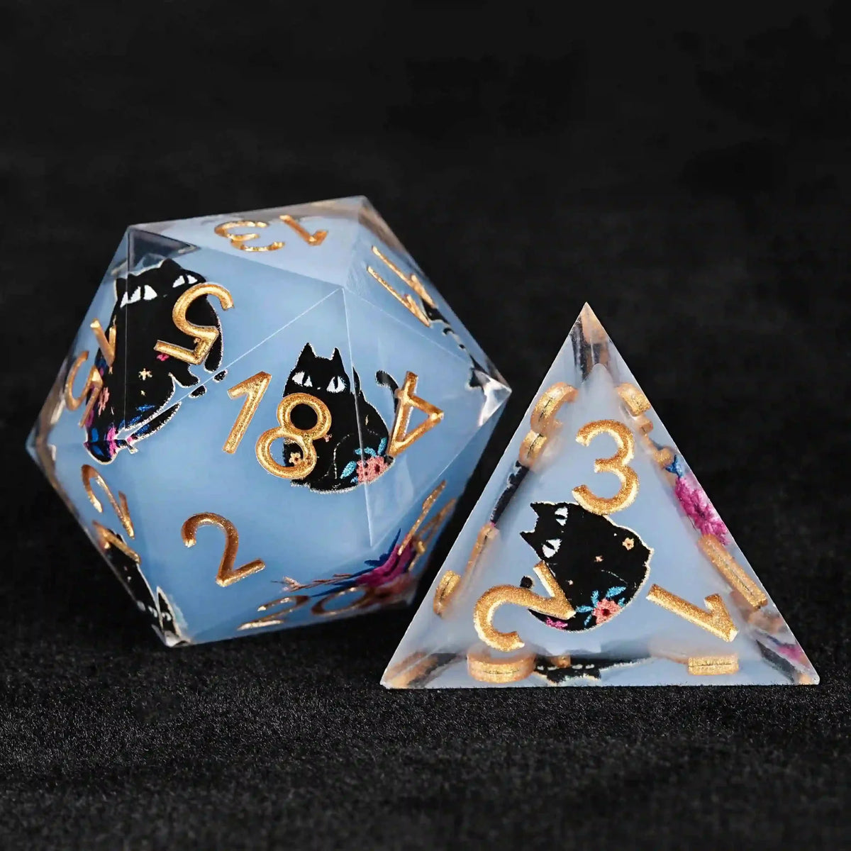 Black Cat Resin DND Dice Set – Gold Numbers – Paradise Themed – Cool dice sets: 7 gold font polyhedron dnd black cat