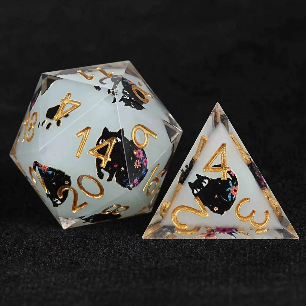 Black Cat Resin DND Dice Set – Gold Numbers – Paradise Themed – Cool dice sets: 7 gold font polyhedron dnd black cat