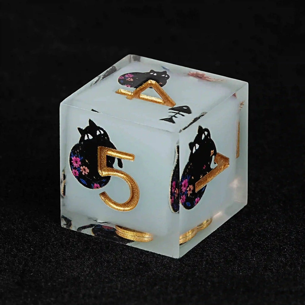 Black Cat Resin DND Dice Set – Gold Numbers – Paradise Themed – Cool dice sets: 7 gold font polyhedron dnd black cat
