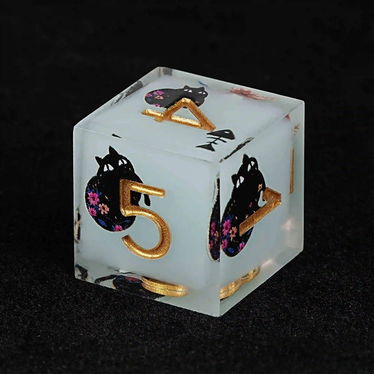 Black Cat Resin DND Dice Set – Gold Numbers – Paradise Themed – Cool dice sets: 7 gold font polyhedron dnd black cat