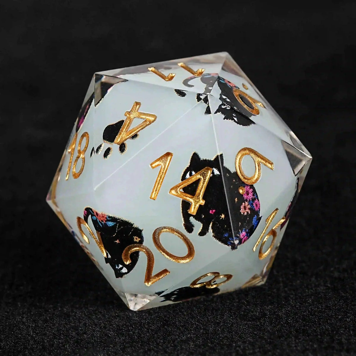 Black Cat Resin DND Dice Set – Gold Numbers – Paradise Themed – Cool dice sets: 7 gold font polyhedron dnd black cat