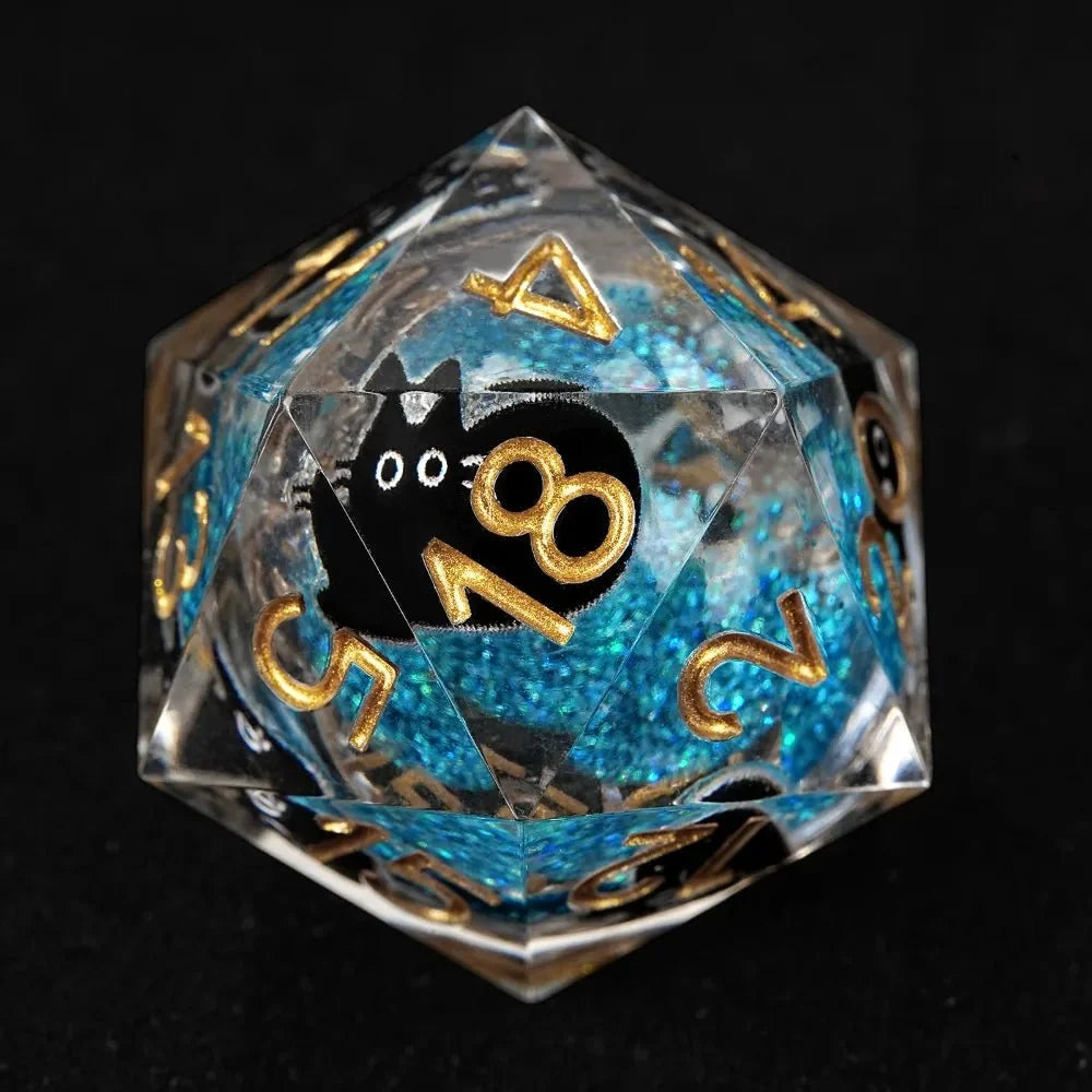 Black Cat Resin DND Dice Set – Gold Numbers – Paradise Themed – Cool dice sets: 7 gold font polyhedron dnd black cat
