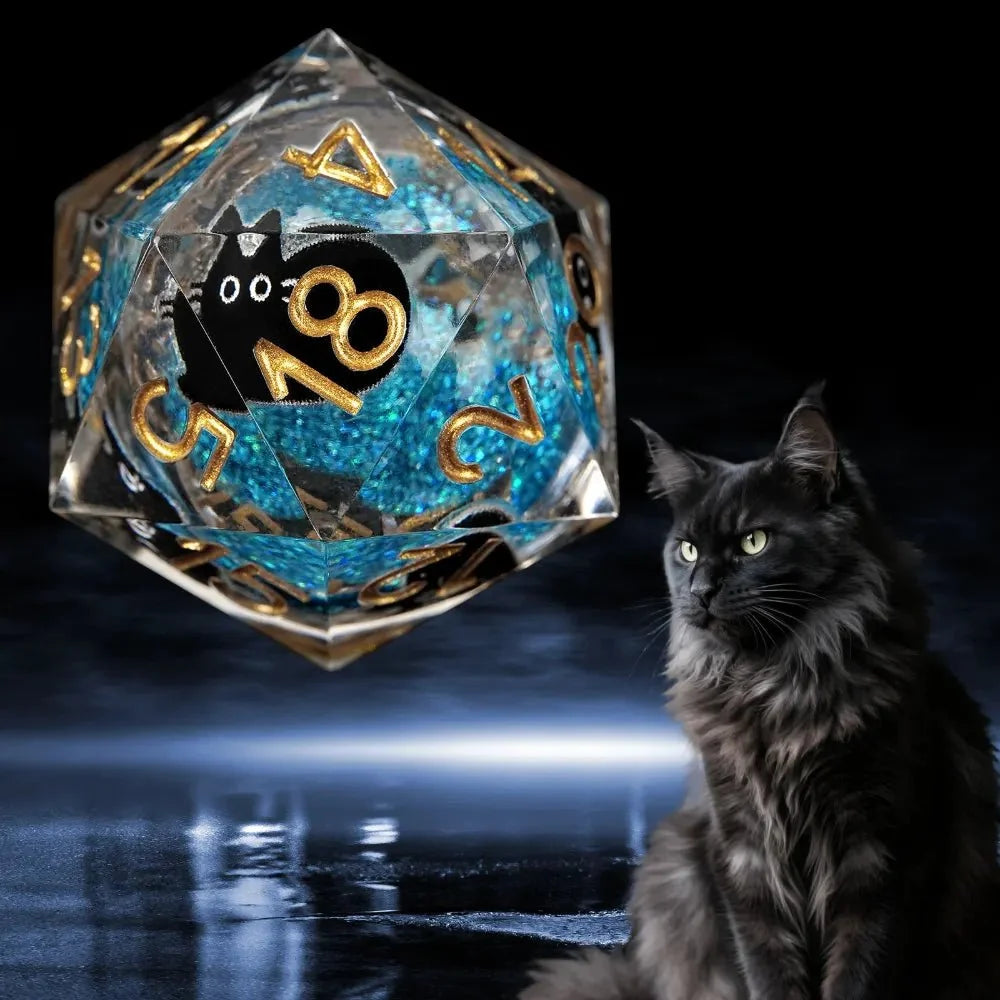 Black Cat Resin DND Dice Set – Gold Numbers – Paradise Themed – Cool dice sets: 7 gold font polyhedron dnd black cat