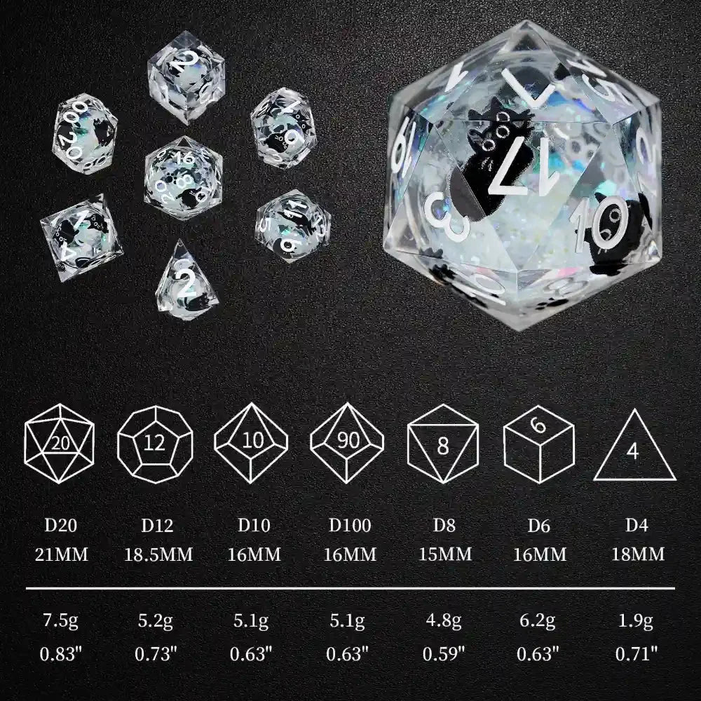 Black Cat Resin DND Dice Set – Gold Numbers – Paradise Themed – Cool dice sets: 7 gold font polyhedron dnd black cat